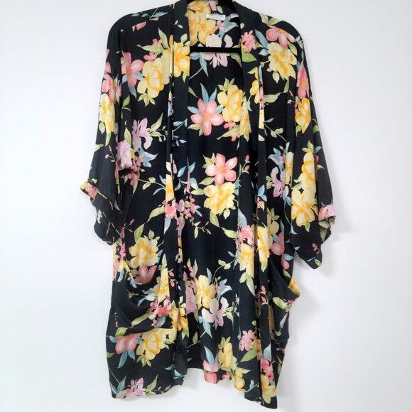 Robert Stock 100% Silk Black Floral Kimono Robe Size Medium - Picture 1 of 8